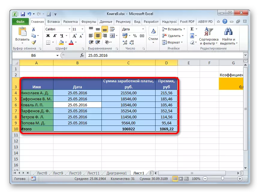 Tabelul este evidențiat în Microsoft Excel