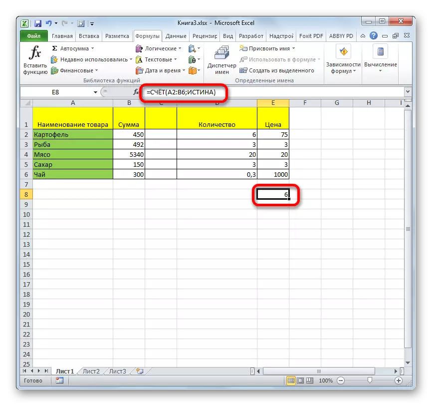 Ang resulta ng pagkalkula ng function ng puntos sa Microsoft Excel