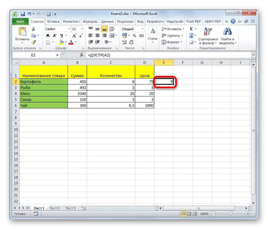 Резултат Пребројување на бројот на знаци функционира DLSTR во Microsoft Excel