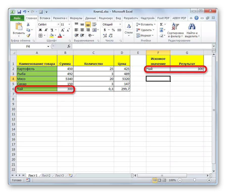 Resultaat van de functie in Microsoft Excel