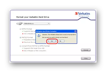 Verbatim से हार्ड ड्राइव स्वरूपण के लिए सॉफ्टवेयर में संवाद बॉक्स