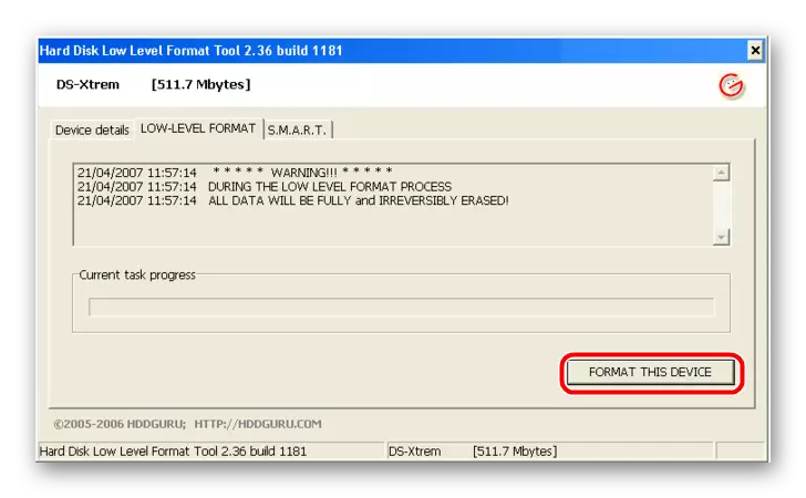Formatēšanas logs HDD LLF zemā līmeņa formāta rīkā
