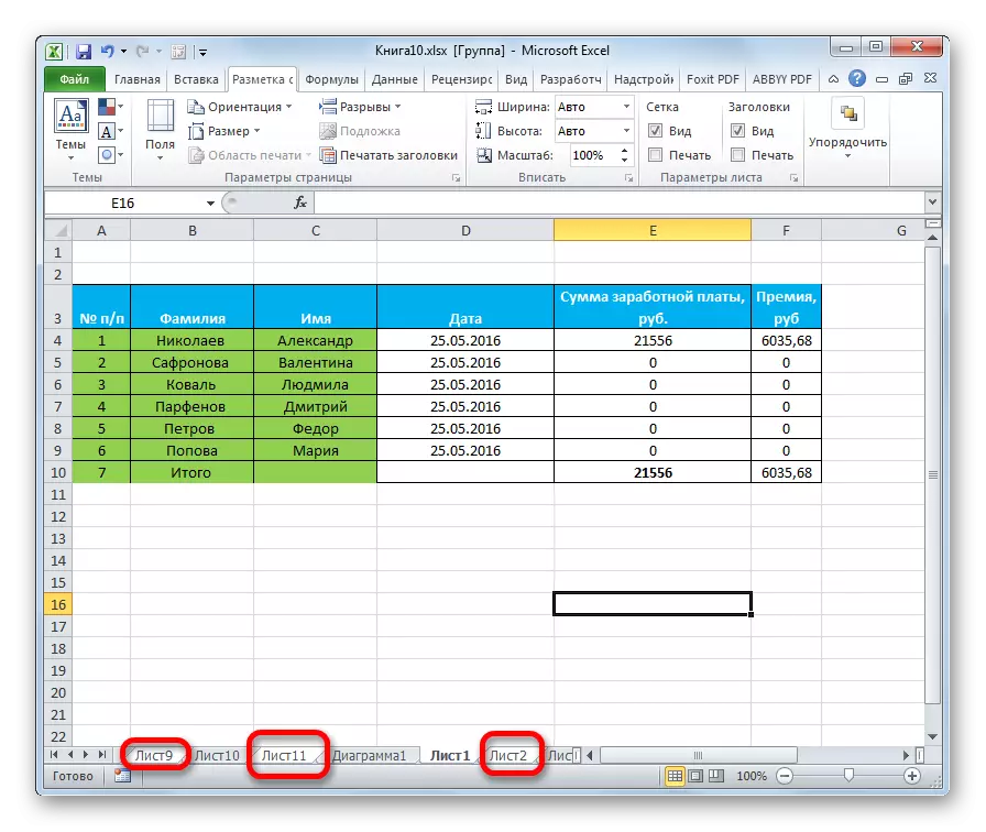 Výběr jednotlivých listů v aplikaci Microsoft Excel