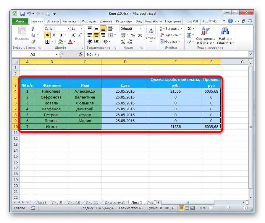 Selezione della tabella in Microsoft Excel