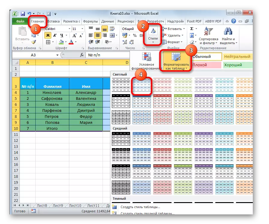 Microsoft Excel-da stol sifatida formatlash