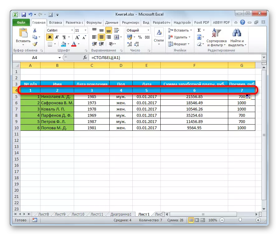 Les colonnes sont numérotées par la fonction de colonne dans Microsoft Excel