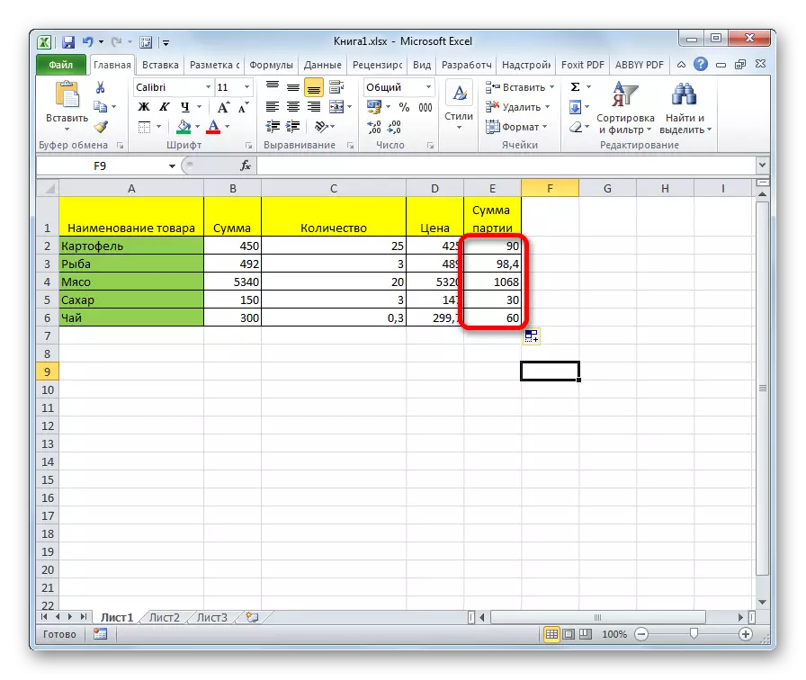 Rezultati i ndarjes së kolonës në një konstante në Microsoft Excel