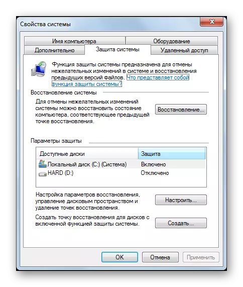 Sistēmas aizsardzība cilne Windows 7 operētājsistēmas īpašības