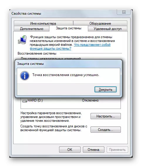 Varsel om vellykket gjenopprettingspunkt i Windows 7-operativsystemet
