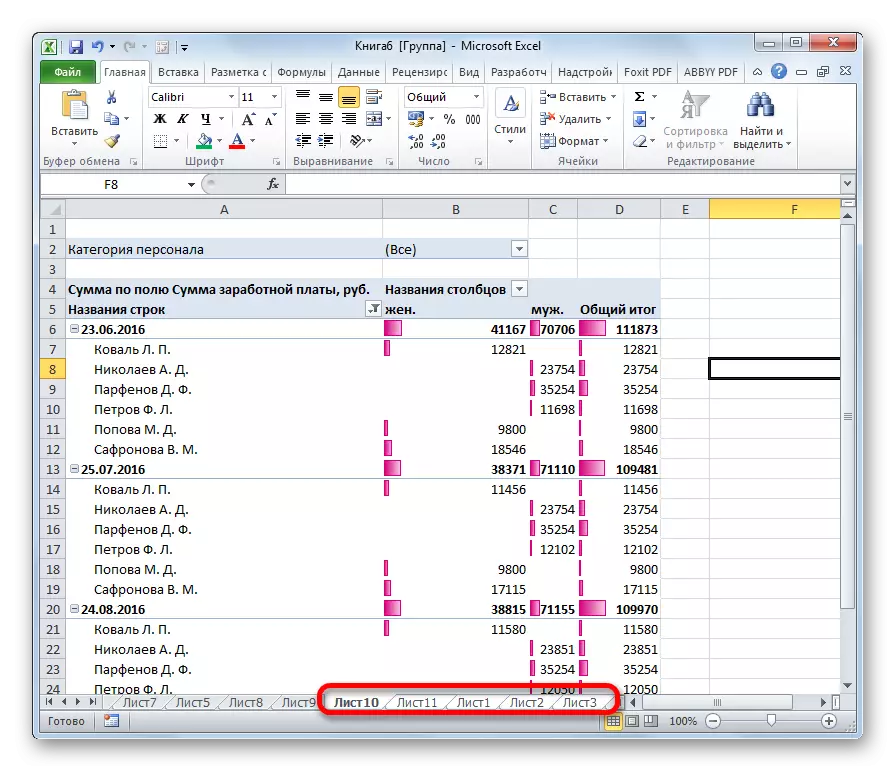 Selectie van opeenvolgende lakens in Microsoft Excel