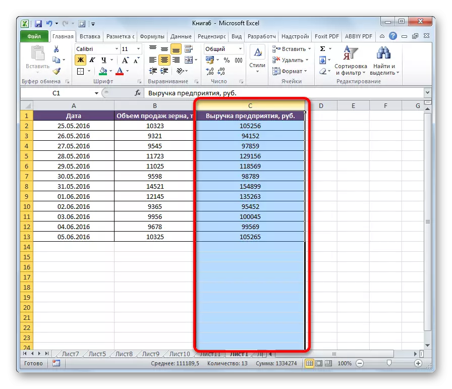 Sélection de la colonne dans Microsoft Excel