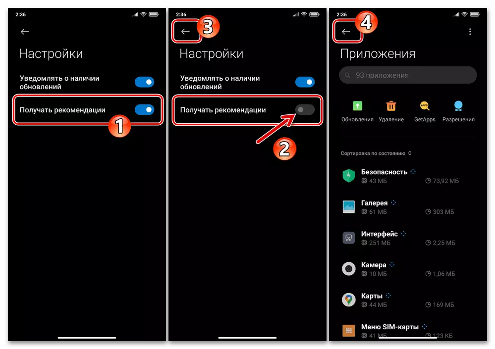 Xiaomi MIUI - Avsluta från OS-inställningar efter inaktivering av rekommendationerna i sektionen Systemapplikationer