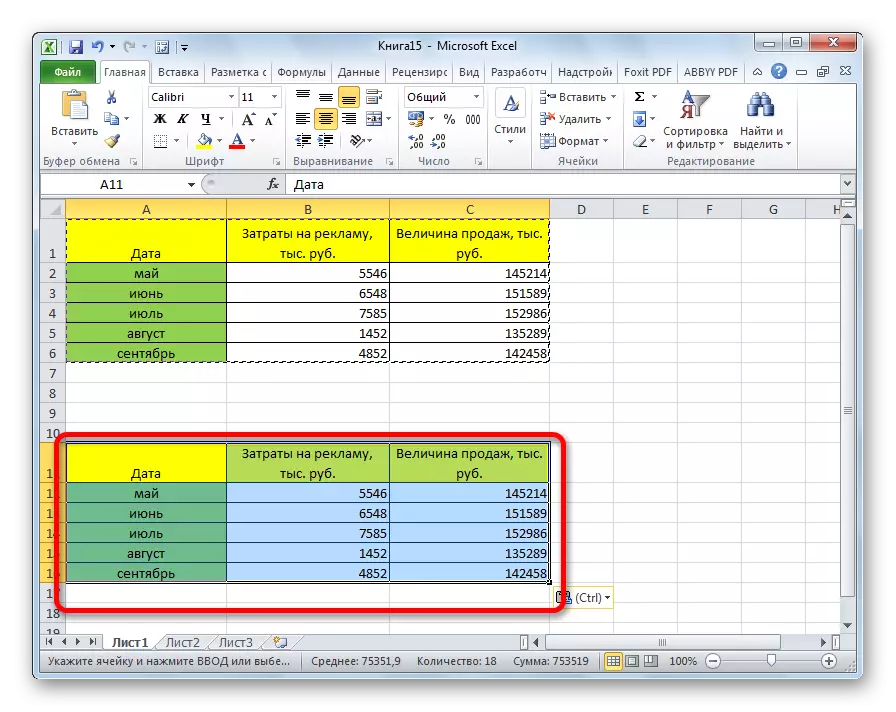 Ang talahanayan ay ipinasok sa unang lapad ng mga haligi sa Microsoft Excel