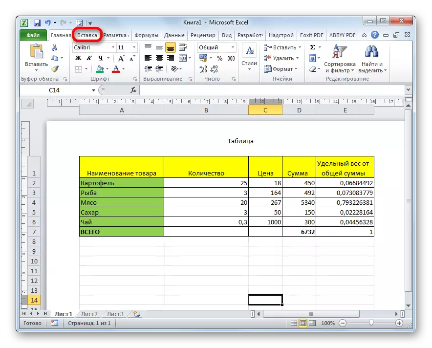Overgang naar het tabblad Invoegen in Microsoft Excel