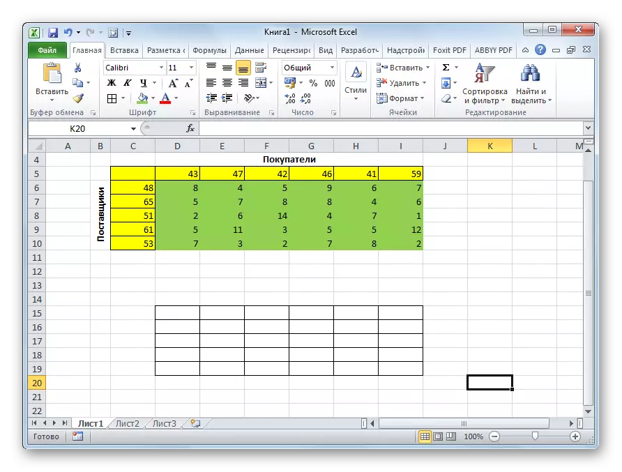 Taula de disposició per a resoldre una tasca en Microsoft Excel