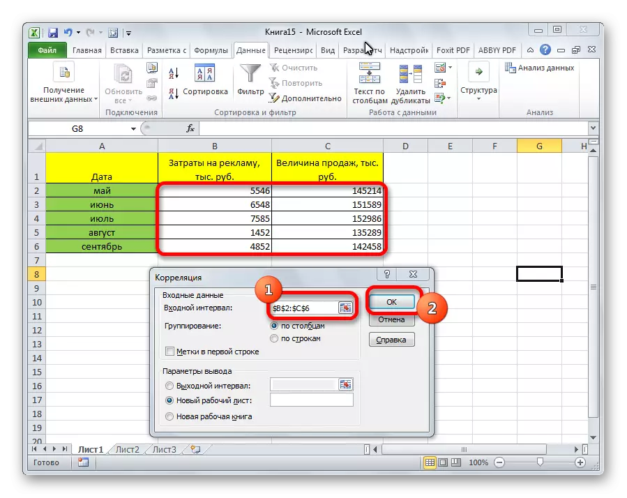 Parametre na kvantifikáciu korelácie v programe Microsoft Excel