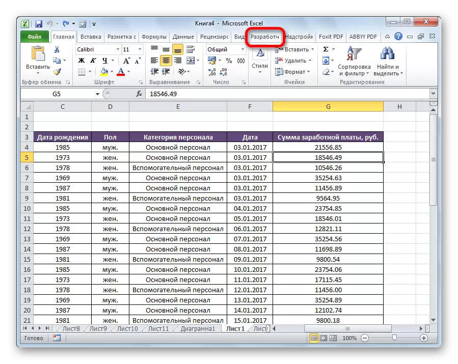 Microsoft Excel-da ishlab chiqaruvchi menyusiga o'ting