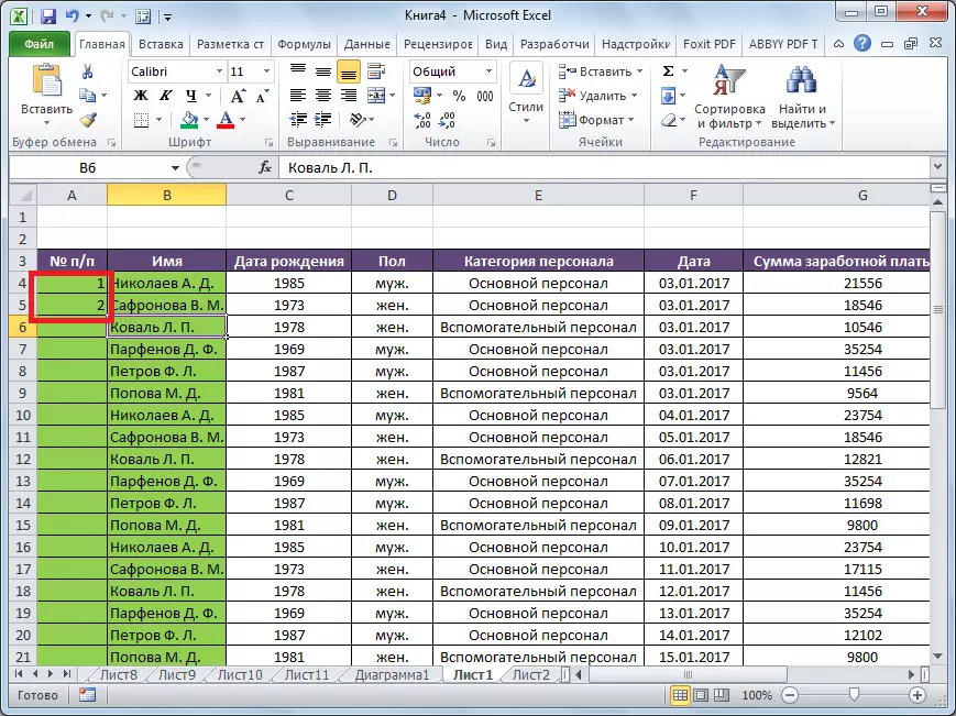 Az első sorok számozása a Microsoft Excelben