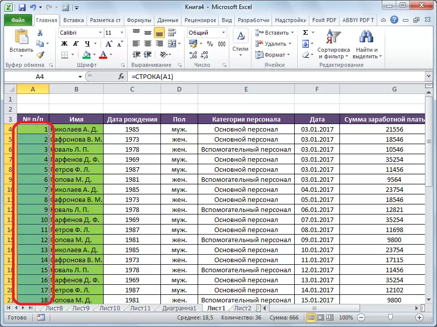 A tabela é numerada no Microsoft Excel
