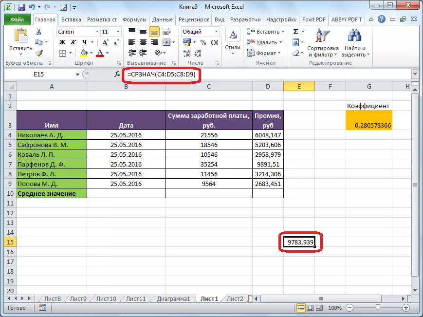 Microsoft Excel-де есептелген орташа арифметикалық