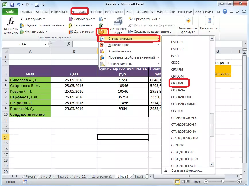Запуск функції СРЗНАЧ через панель формул в Microsoft Excel
