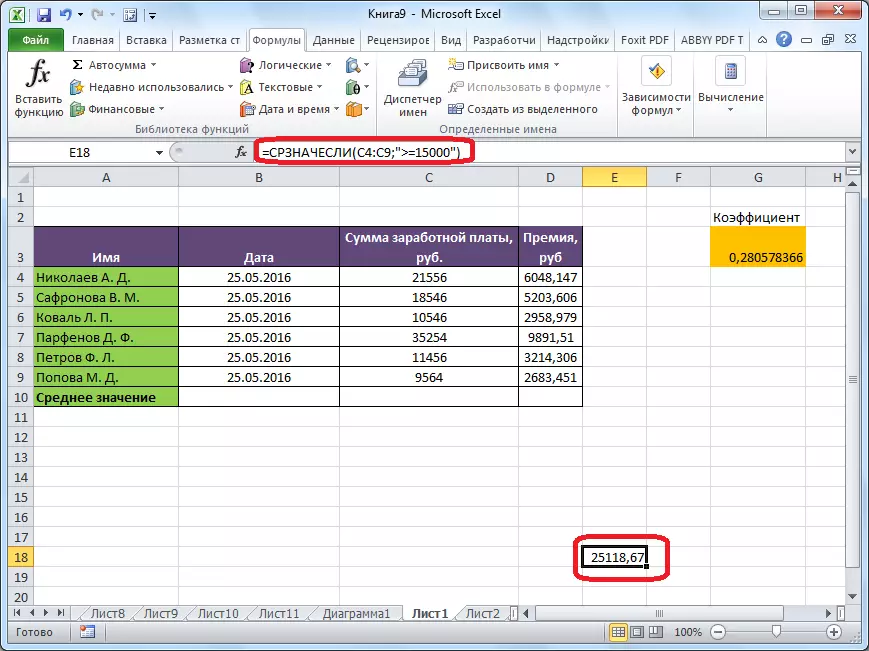 Microsoft Excel의 조건과의 산술 평균이 계산됩니다.