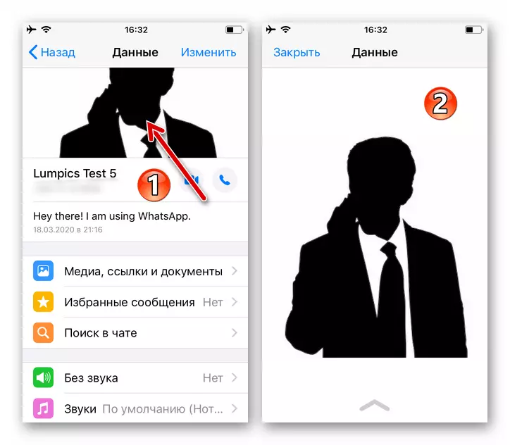 WhatsApp iPhone pārejai uz pilnekrāna skatu skatu uz sarunu biedra profilu Messenger
