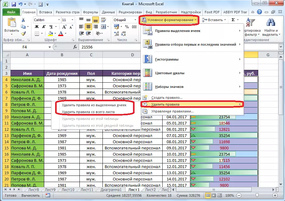 Elimina regole nel secondo modo in Microsoft Excel