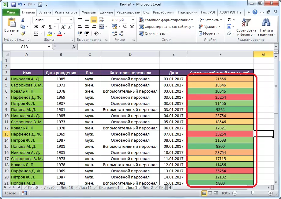 Notkun litaskala í Microsoft Excel