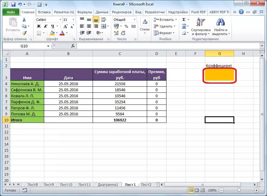 De gewenste cel in Microsoft Excel