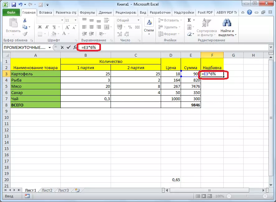 สูตรการคูณของจำนวนเปอร์เซ็นต์ในโปรแกรม Microsoft Excel ในตาราง