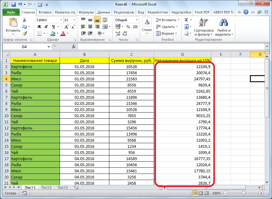 The result of stretching the formula down in the Microsoft Excel program