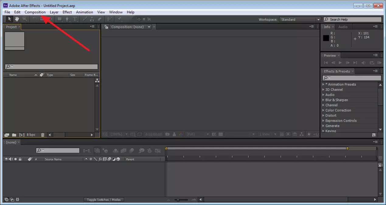 Mewujudkan komposisi baru dalam Adobe After Effects