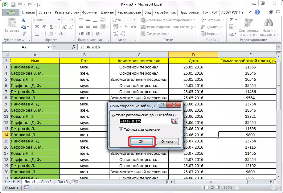 Especificació de la ubicació de la taula en Microsoft Excel