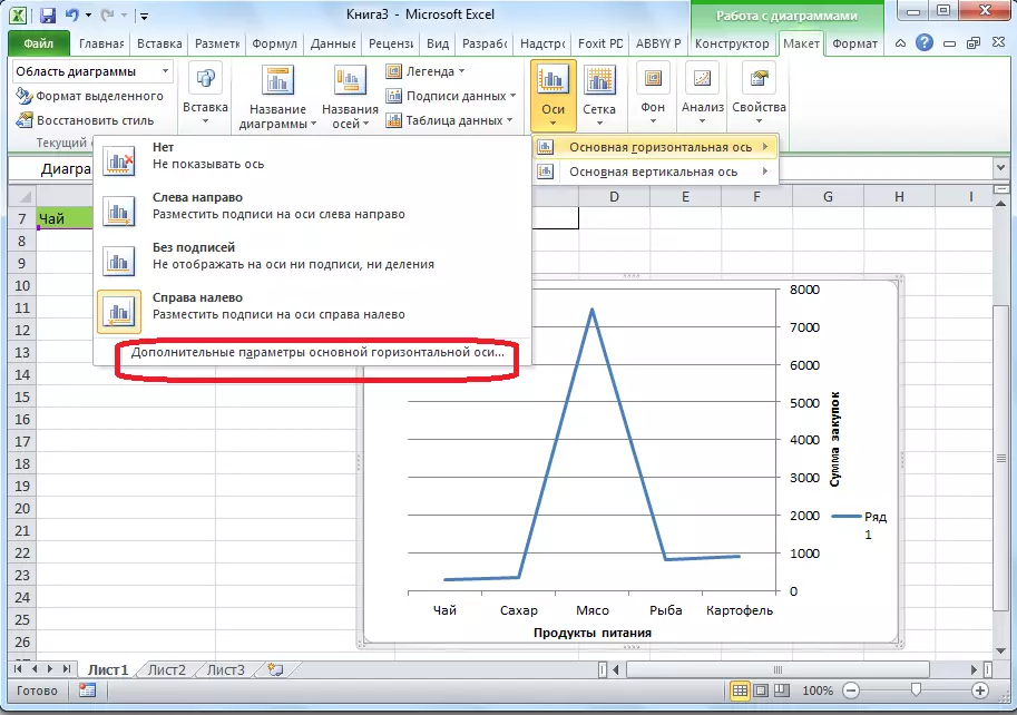Пераход у дополнитеьные параметры гарызантальнай восі ў Microsoft Excel