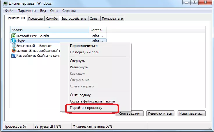 Vai al processo Skype in Task Manager