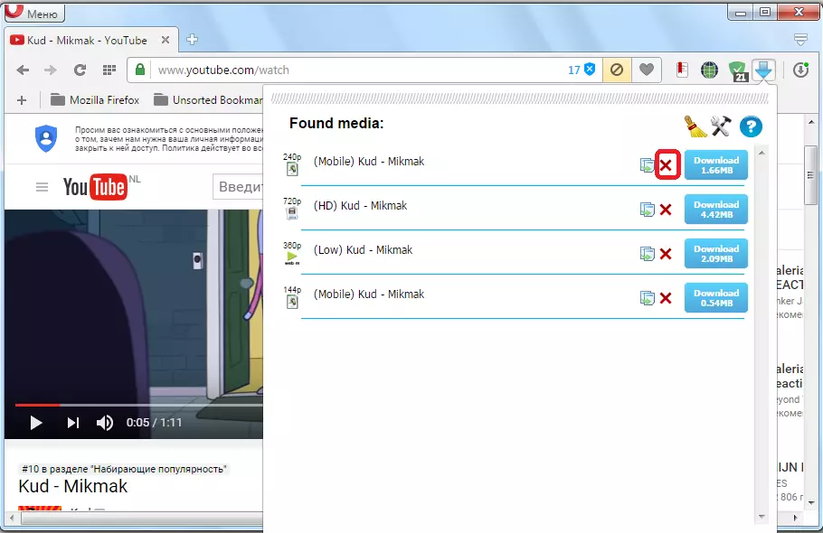 Delete download from extension Flash Video Downloader for Opera