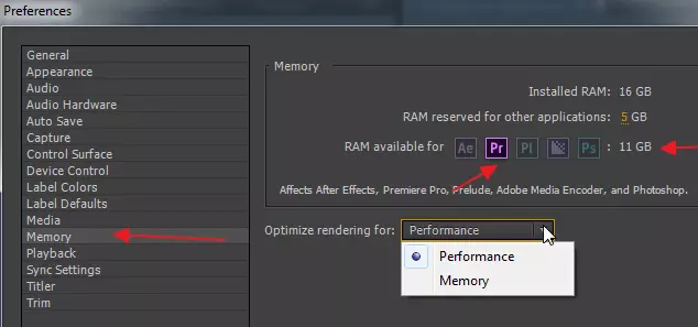 Mga setting ng memorya sa Adobe Premier Pro.