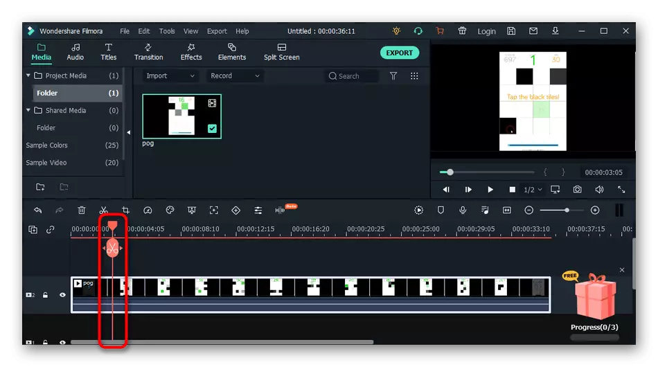 वंडरशेयर फिल्मोरा कार्यक्रम में टुकड़े पर वीडियो काटते समय स्लाइडर को नियंत्रित करना