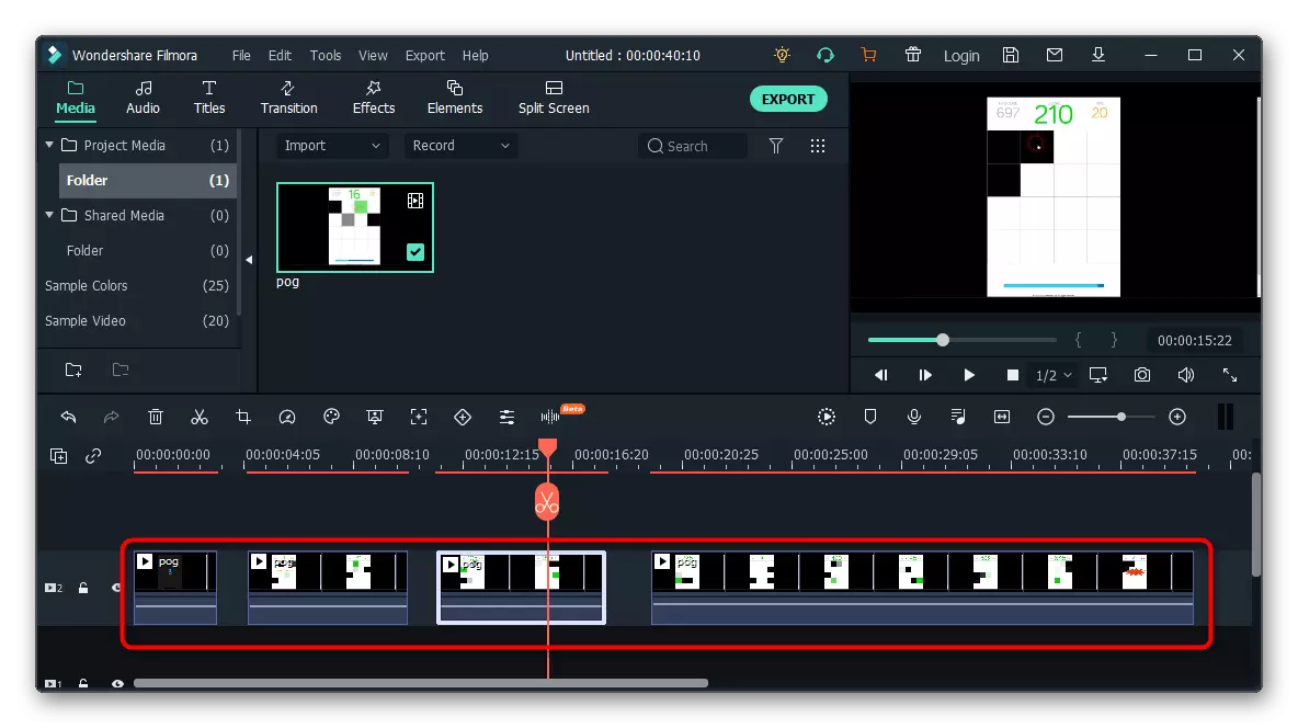 Separación de marcos creados al cortar el video en fragmentos en el programa Wondershare Filmora