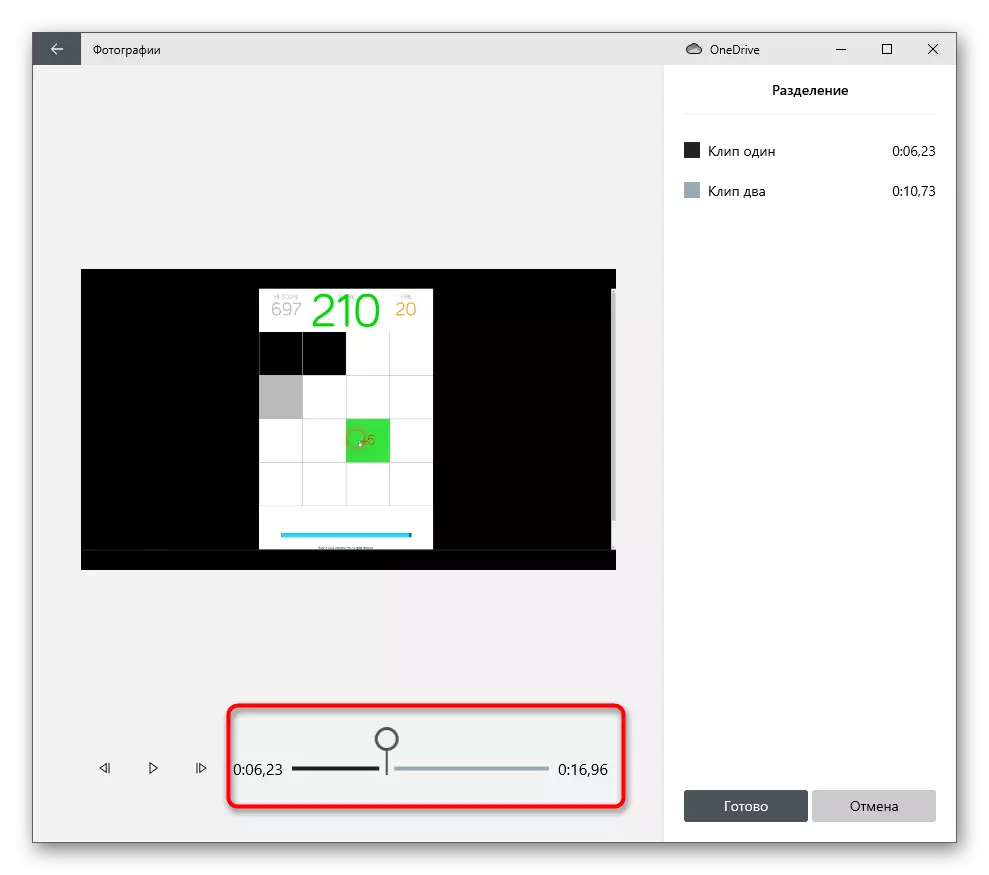 Uso de la herramienta deseada al cortar un video en fragmentos en el programa del editor de video en Windows 10