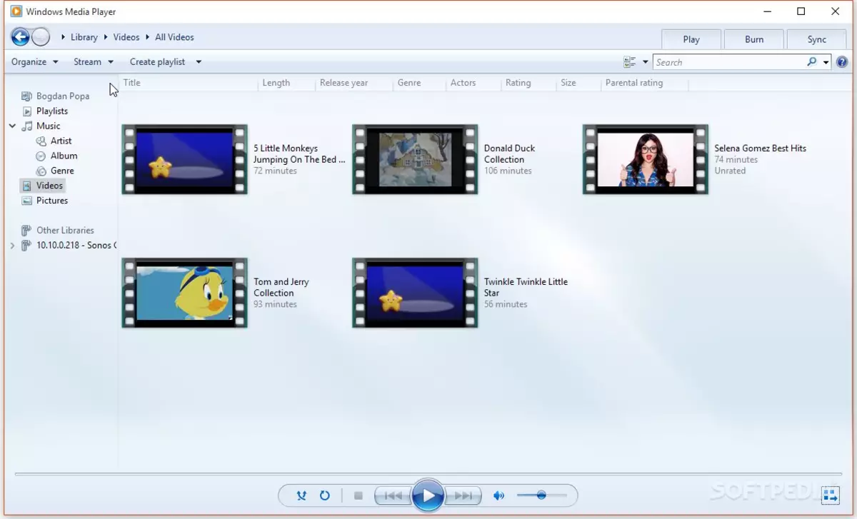 Main menu in Windows Media Player
