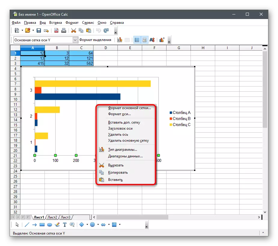 Roeping van die konteks kieslys van beherende item om 'n diagram op numeriese data in die OpenOffice Calc program te bou