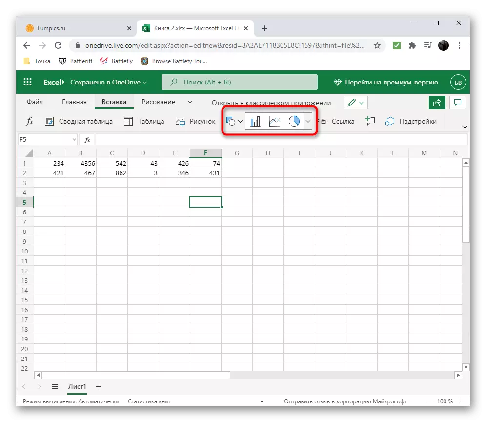 Výběr zadání typu aplikace Excel Online vytvořit diagram na číselných datech
