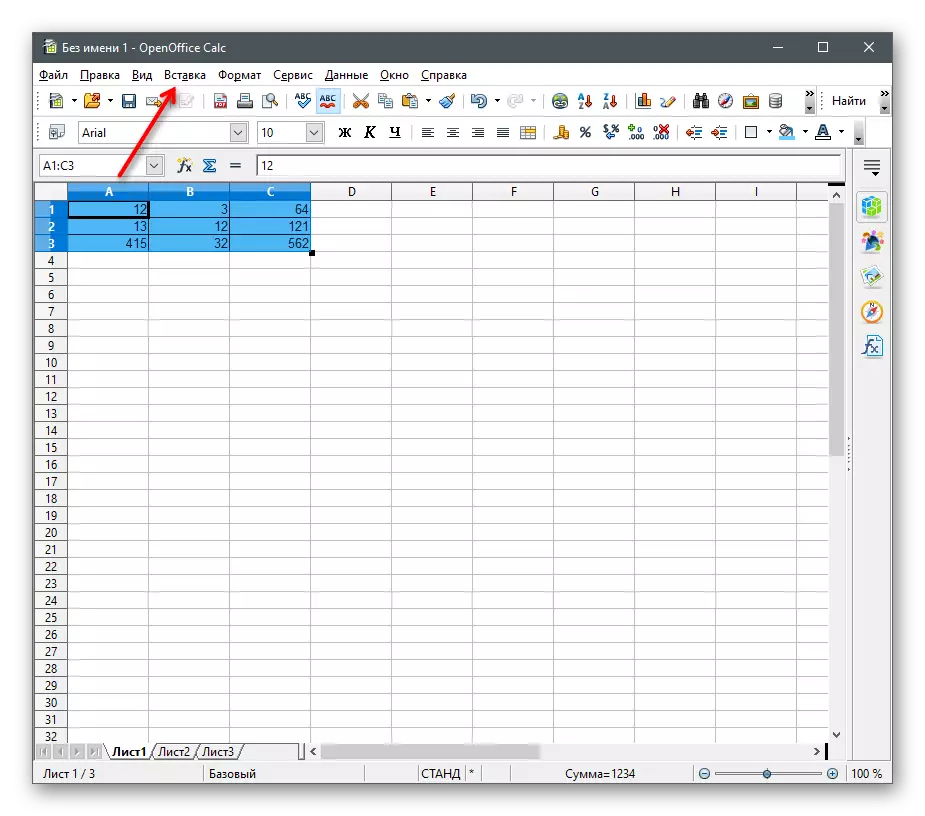 Przełączanie do menu Wstaw, aby zbudować diagram na danych numerycznych w programie Calc OpenOffice