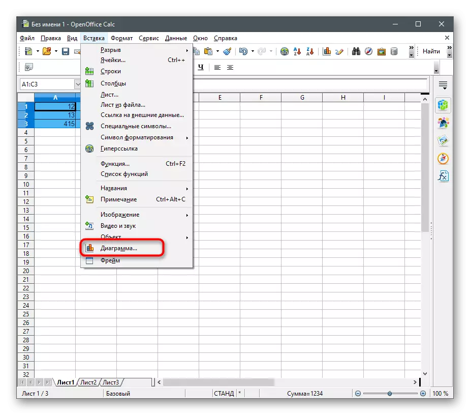 Memilih versi carta dalam menu INSERT untuk membina rajah pada data angka dalam program OpenOffice Calk