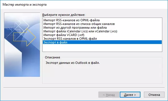 Vyberte akciu exportu do súboru programu Outlook.