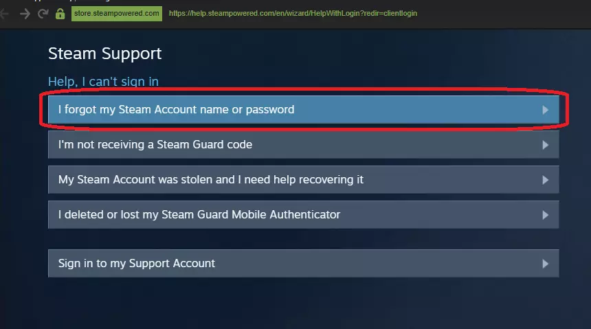 Кнопка відкриття форми відновлення пароля або логіна від Steam