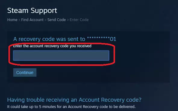 Ipasok ang password sa pagbawi ng password mula sa Steam.