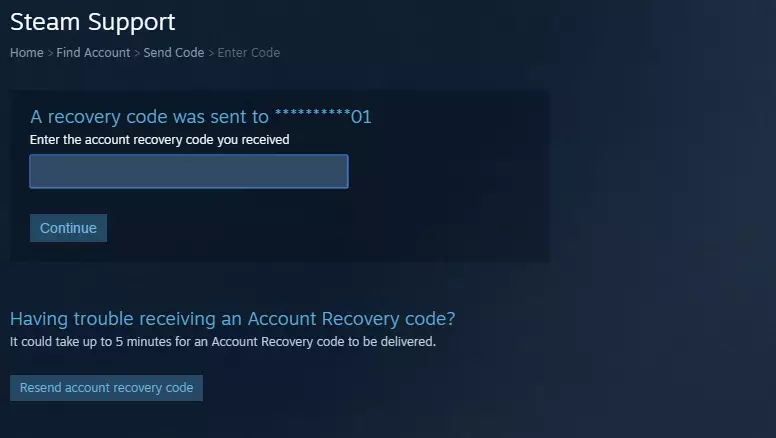 Introduza o código de recuperación de contrasinal en Steam